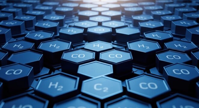 Abstract blue hexagonal grid showing chemical formulas, illuminated, for a science theme