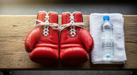 A pair of red boxing gloves and refreshment essentials resting on a rustic wooden bench after a tough workout