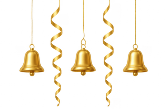 Golden bells and ribbons hanging celebrating festive holidays