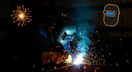 Industrial welder in a protective mask creating a brilliant shower of sparks while working on metal fabrication in a dark workshop
