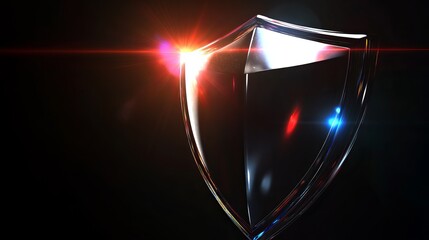 Powerful, gleaming metallic shield with vibrant lens flares and reflections on a dark, dramatic background symbolizing protection and security