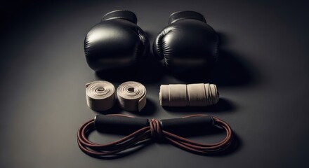 Top-down view of essential black boxing equipment including gloves, hand wraps, and a jump rope on a dark background for fitness training