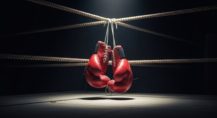 A pair of red boxing gloves hang from the ropes in a dark, empty ring, illuminated by a single dramatic spotlight