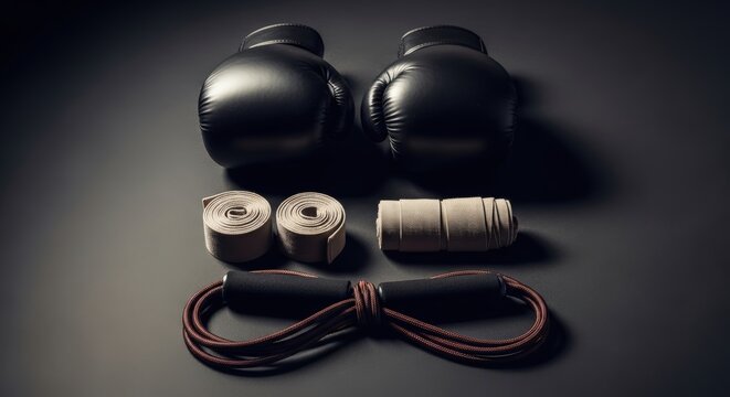 Top-down view of essential black boxing equipment including gloves, hand wraps, and a jump rope on a dark background for fitness training