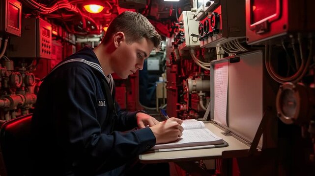 Focused young male sailor in navy uniform diligently writing in a logbook aboard a submarine's red-lit interior during operations.
