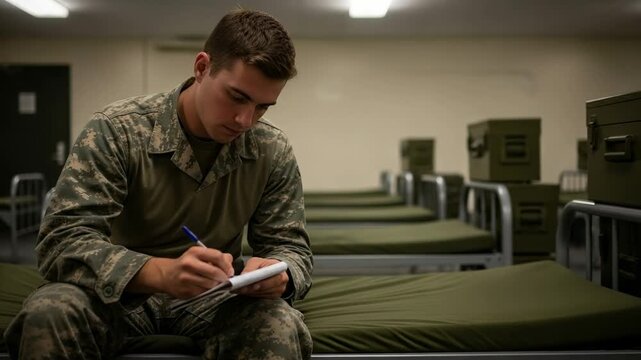 Focused Young Caucasian Male Soldier in Camouflage Uniform Writing Notes on a Notepad in a Military Barracks Dormitory