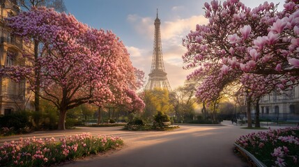 Eiffel Tower in Spring Surrounded by Blooming Magnolia