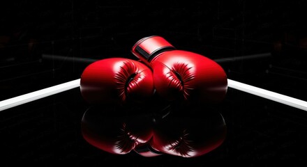 A pair of vibrant red boxing gloves resting inside a dark, dramatically lit boxing ring, symbolizing competition and strength