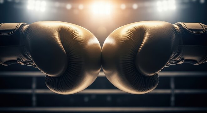 Two boxing gloves poised for a dramatic confrontation, touching fist to fist in the center of a brightly lit ring