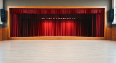 Empty auditorium stage with closed red velvet curtains, wooden floor, spotlights shining