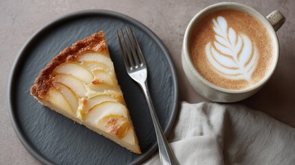 Overhead of an elegant pear tart slice on a rustic ceramic plate, perfectly paired with a warm latte featuring leaf art.
