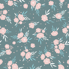 Seamless floral pattern based on traditional folk art ornaments. Colorful flowers on color background. Scandinavian style. Sweden nordic style. Vector illustration. Simple minimalistic pattern.