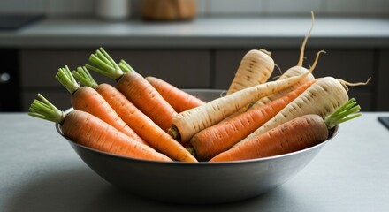 Freshly harvested orange carrots and white parsnips in a metal bowl on a counter