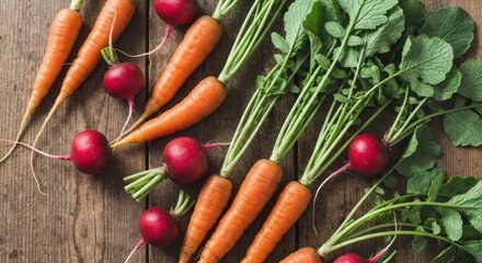 Fresh orange carrots and red radishes with green tops scattered on a rustic wooden surface