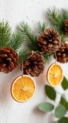Eco-friendly holiday garland with natural pine cones and dried orange slices for festive decoration