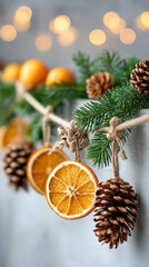 Eco-friendly holiday garland with pine cones and orange slices for festive decoration and sustainable home design