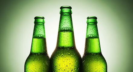 Three cold green beer bottles with water drops