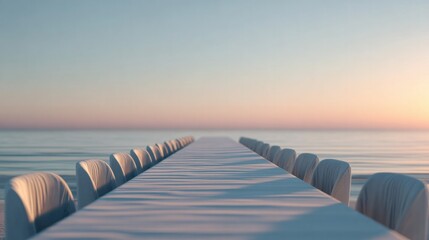 Fototapeta premium Endless holiday table setting at sunset extending into horizon for elegant event design concept