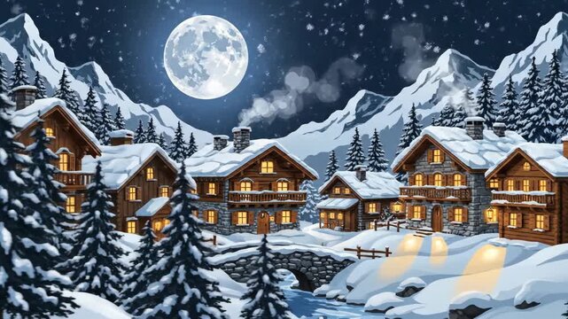 magical winter night in snowy mountain village with cozy chalets and pine trees. full moon shines in starry sky. christmas and new year celebration. greeting card, banner.