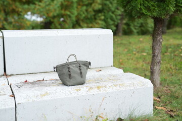 A small purse is sitting on a cement bench in a park