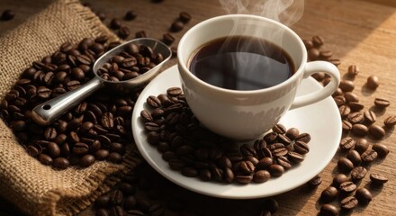 Fototapeta premium Hot coffee in white cup with scattered roasted beans, burlap, and metal scoop on wood