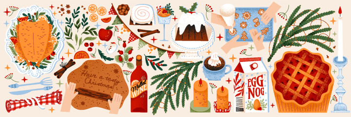 Festive Christmas Feast Vector: Delicious holiday food and baking. Christmas dinner vector illustration with food, turkey, mulled wine, pie, table setting, gingerbread making, cooking, eggnog, dessert