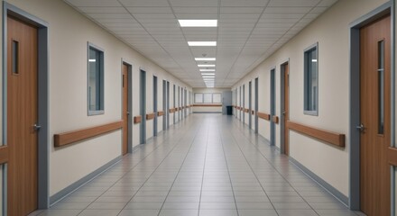 Long, empty, bright institutional corridor with numerous wooden doors, handrails, and tiled floor