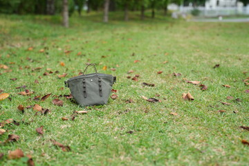 A green purse is laying on the grass in a park