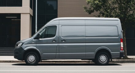 Modern gray delivery van parked curbside on an asphalt road next to a building & tree