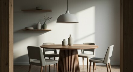 Modern minimalist dining space with round wooden table, four chairs, pendant lamp, shelves