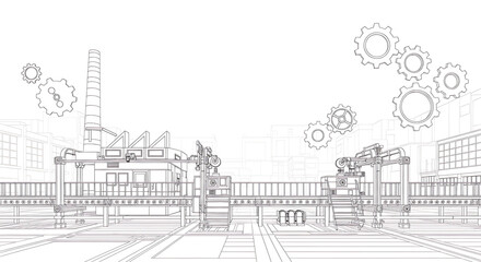 Fototapeta premium Factory Automation Illustration Conveyor Belt, Robotics, and Gears in an Industrial Setting