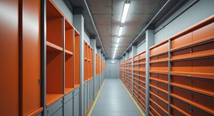 Modern storage facility aisle with orange units, concrete ceiling, and bright lighting