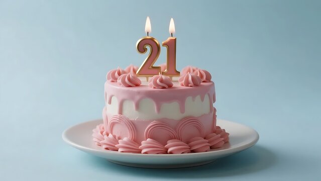 A 21st birthday cake with pink frosting, decorative swirls, and two lit candles, perfect for a celebratory occasion. - Powered by Adobe