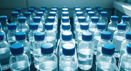 Numerous clear bottles with blue caps, filled with clear liquid, arranged in rows on a dark surface