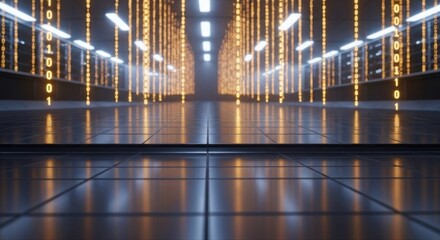 Orange binary code flows down a futuristic data server room with reflective floor tiles