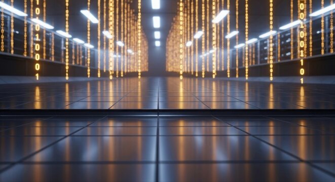 Orange binary code flows down a futuristic data server room with reflective floor tiles - Powered by Adobe