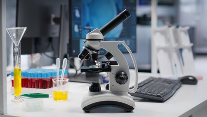 Microscope tool placed on desk in laboratory for scientific experiment, instruments used for genetics research and bioscience within professional facility. Bio sample in lab.