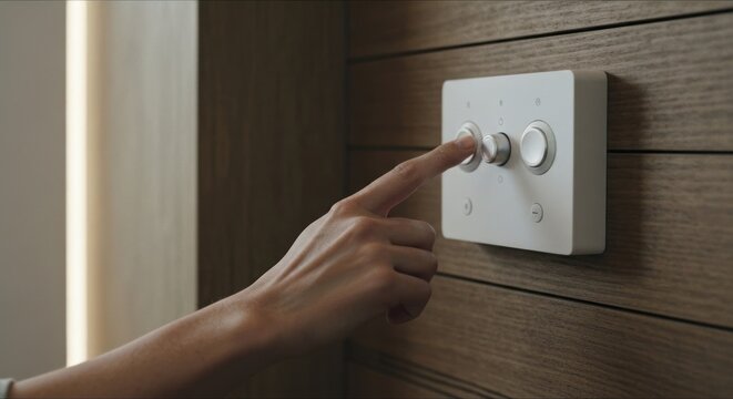 Person's hand adjusting a white smart control panel with rotary buttons on a wooden wall