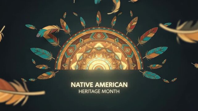 complex tribal half-circle design with feathers on dark field. commemorating native american heritage month. graphic in earthy and teal hues. greeting card, banner.
