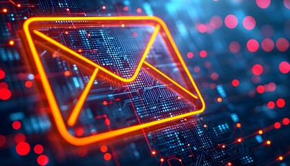 Digital email envelope icon glowing on a futuristic circuit board background with abstract data lights.