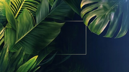 Obraz premium Leafy green background with a gold frame. The frame is a rectangle and is placed in the middle of the image