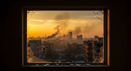 Obraz premium Shattered window view of a war-torn city at sunset with smoke rising. Urban destruction and conflict aftermath.