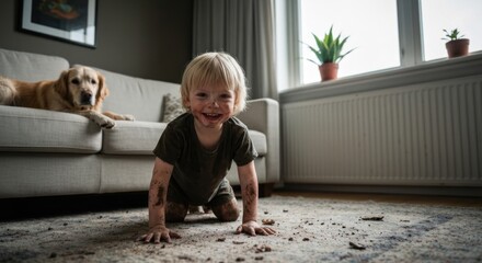 Naklejka na ściany i meble Smiling, messy toddler crawls on dirty carpet while a dog watches from the couch indoors