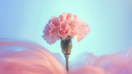 Pink flower is in the foreground of a blue background. The flower is the main focus of the image, and it is the most important element. The blue background creates a calm and serene atmosphere