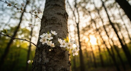 Obraz premium Spring blossoms on a tree trunk in a golden hour forest, sunlight filtering through trees