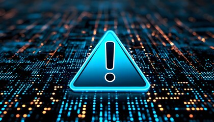 A glowing blue triangular warning sign with an exclamation mark inside, set against a backdrop of digital data streams and circuit board patterns.