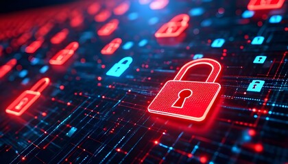 Digital locks and data streams representing cybersecurity and data protection concepts.