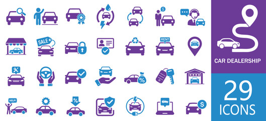 Set of Car Dealership icons. auto sales, used cars, car services automotive journey road trip navigation and driving and more. solid icons Vector Set