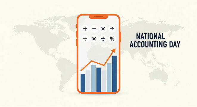 Celebrate National Accounting Day with a dynamic smartphone graphic showcasing financial growth charts and calculator icons against a global map backdrop