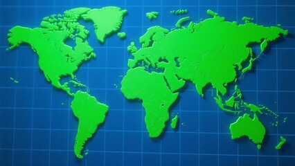 Fototapeta premium A green 3D world map showing the geographical layout with clear contours and regions.